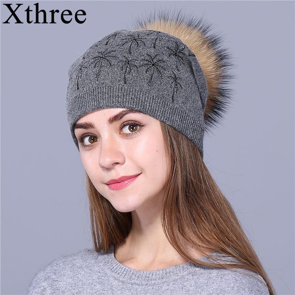 

xthree women's winter hat cashmere beanies hat for women gorros wool knitted real fur pom pom female hats for girl, Blue;gray