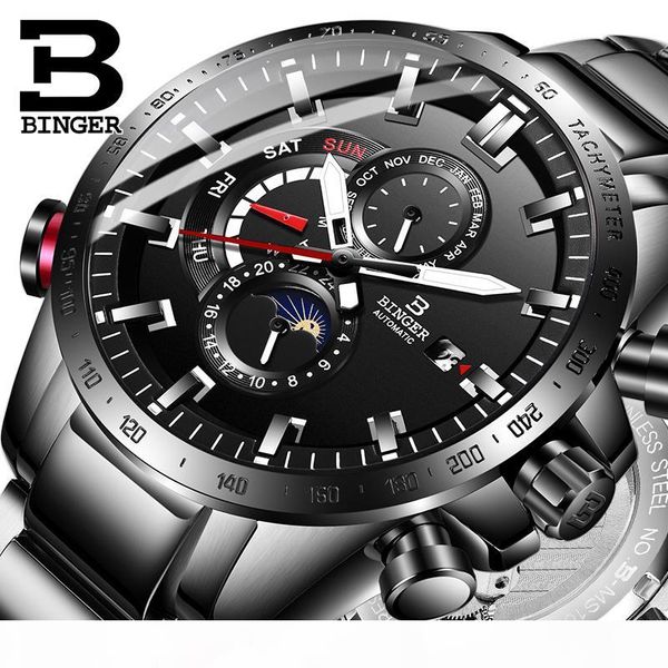 

multifunction automatic watch men binger all steel mechanical watch business waterproof sapphire sport watches, Slivery;brown