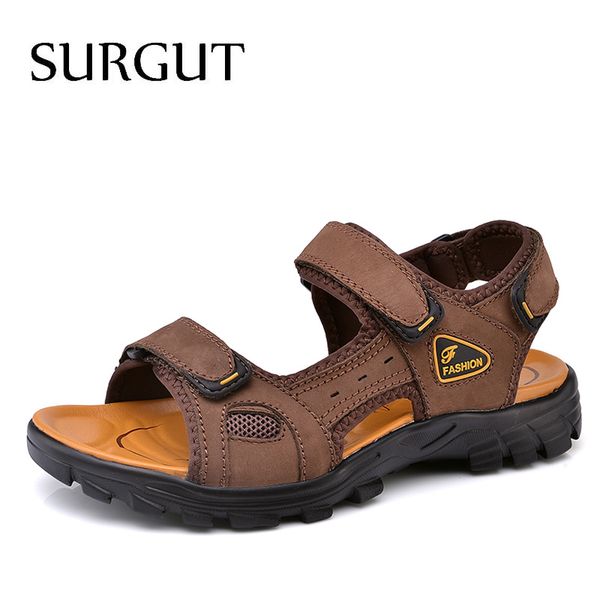 

surgut summer men sandals real leather non slip soft comfortable men shoes new fashion casual shoes size 38~47, Black
