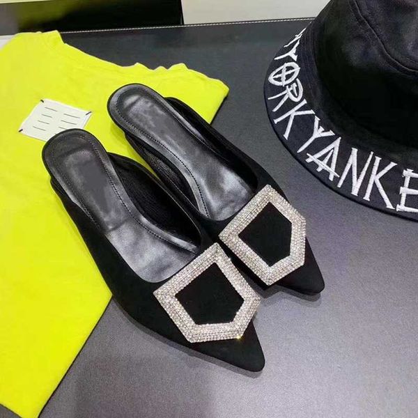 

new fashion geometry pointed flat bottom half drag muller pure color thin heel shoes slippers women, Black