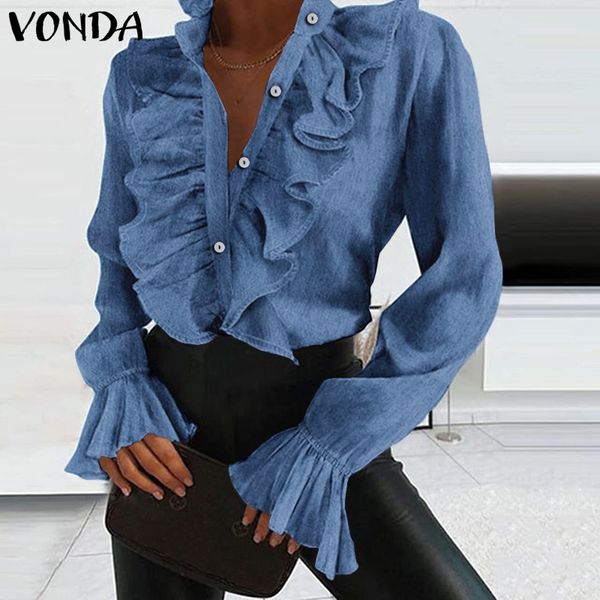 

vonda women blouses 2020 v neck long sleeve solid color ruffled shirts plus size bohemian party blusas femme party, White