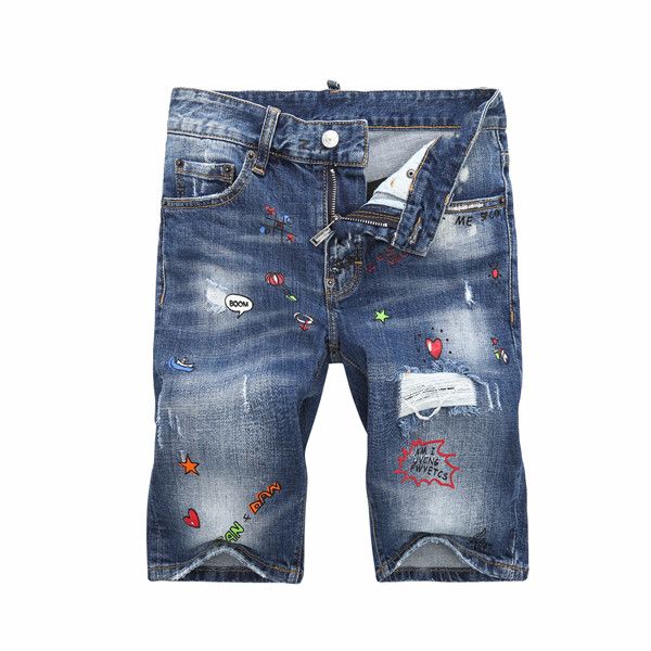 

2020 european and american men's summer fashion comfortable and thin slim hole straight embroidered jeans cropped trousers, Blue