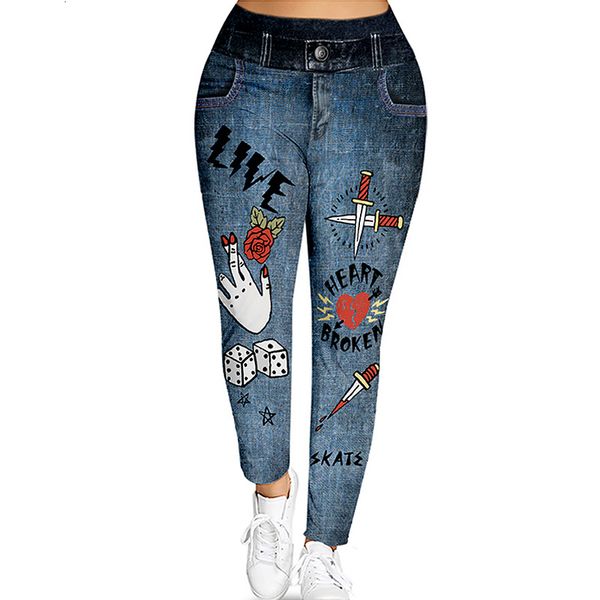 

plus size 5xl 3d denim floral print leggings women fitness jeggings pencil pants mid elastic waist casual skinny leggings, Black