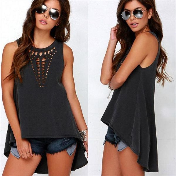 

solid women casual hollow sleeveless loose summer t shirt drop shipping, White