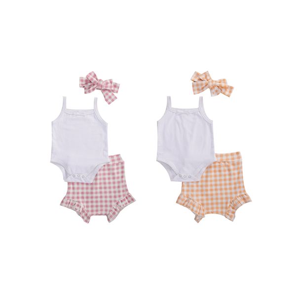 

pudcoco newborn baby girl clothes set sling sleeveless bodysuit plaid shorts pants trousers kids summer clothes outfits, White