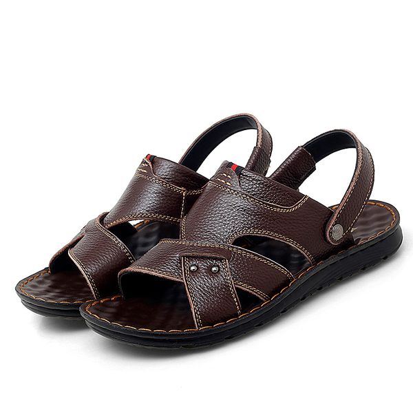 

sandals summer slide sandalen ete cuero hombre sandalet homme de da shoes herren sandali genuine masculina couro playa roman v, Black