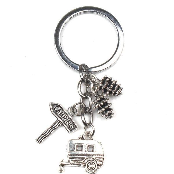 

camping keychain trailer rv caravan campground key chain, nature outdoors, summer vacation, snowbirds keyring souvenir key chain, Silver