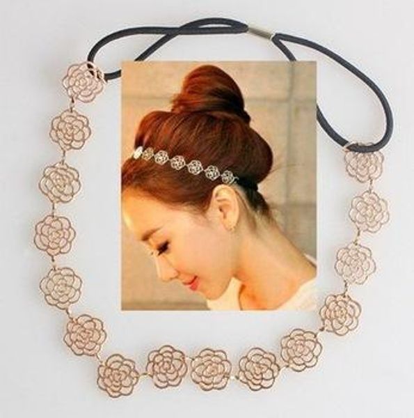 

women hollow rose flower hairbands lovely metallic lady hair elastic rubber adjustable headband headwear fashion hair accessories, Silver
