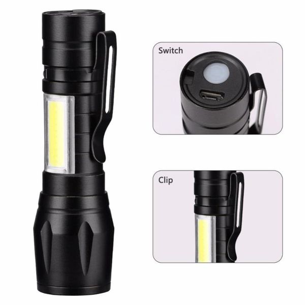 

flashlights torches usb rechargeable led xpe cob camping light 3 lighting mode flash waterproof lamp zoomable night touch