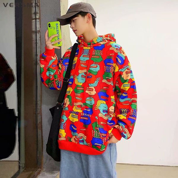 

versma korean harajuku cartoon print hoodies sweatshirts for men hip hop streetwear rap hipster graffiti tracksuit big size men, Black