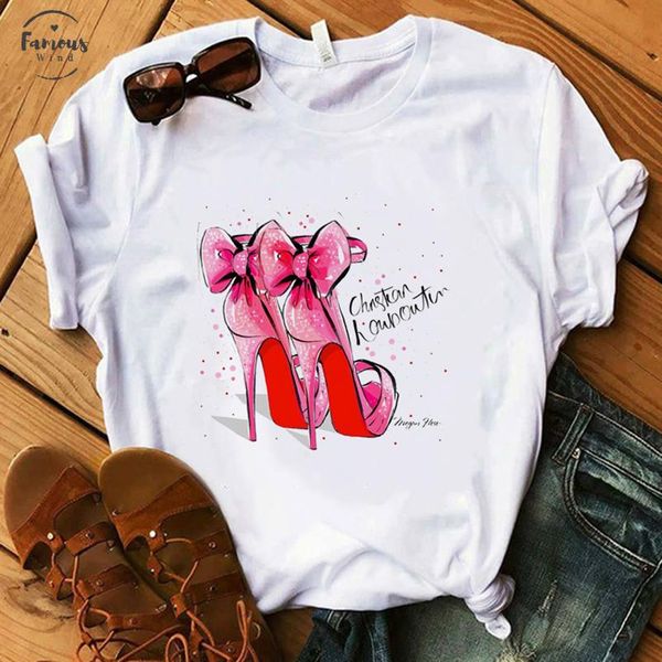 

pink high heel bow t shirt women 100% cotton summer shirt lady floral heart harajuku casual t shirt gift, White
