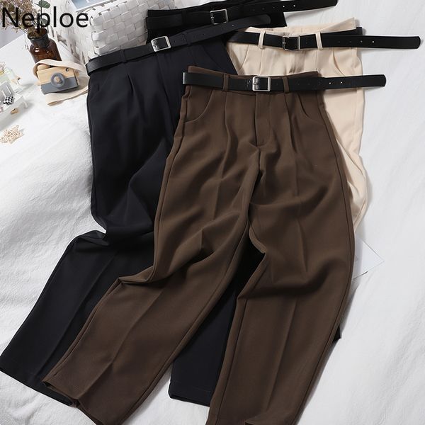 

neploe korean elegant women suit pants belt high waisted ankle straight trousers 2020 new fashion solid pants femme 4d197, Black;white
