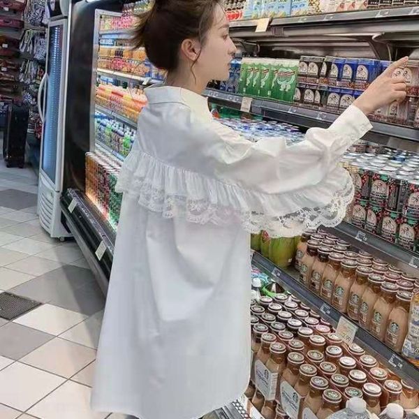 

mid-length white white lace shirt 2019 new super fairy lace stitching design sense shirt for women wide