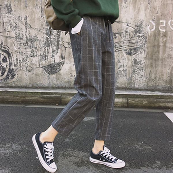 

elegant style plaid pants for women autumn casual loose elastic waist slim trousers harajuku female ankle-length harem pants, Black;white