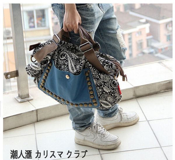 

1 piece european american totem leisure shoulder bags printing national wind rivets big canvas travel bags canvas material