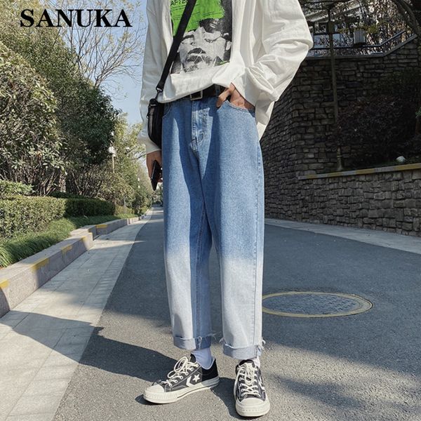 

men's jeans 2021 straight denim men gradient color blue pants mens japanese streetwear male patchwork fashions harem
