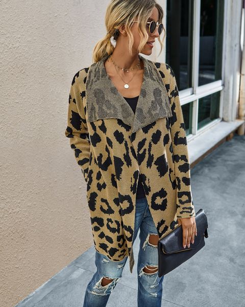 

женщины leopard кардиган свитер отворотом шеи осень сыпучие длинные пальто мужчины с длинным рукавом одежда, White