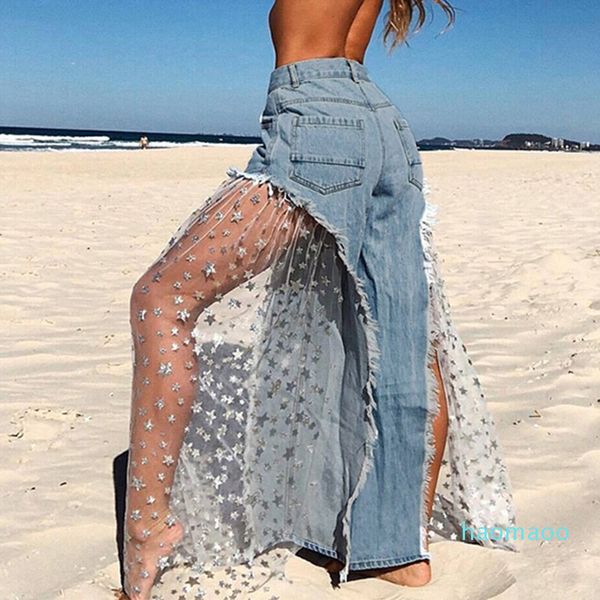 Mode-Neue Sexy Frauen Breite Bein Hosen Sheer Mesh Star Print Splice Denim Hosen Hohe Taille Beiläufige Lose Jeans party Hosen