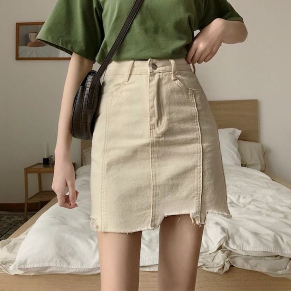 

women summer black solid asymmetrical demin skirts vintage high waist pencil pockets button streetwear mini jeans skirt faldas