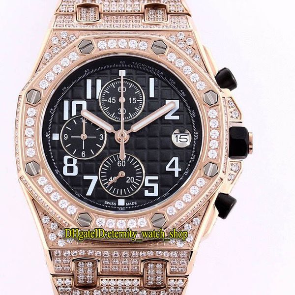 

rf iced out full 18k rose gold diamonds case royal 26470or 26170or 25940 black dial japan vk quartz chronograph mens watch satch watches, Slivery;brown