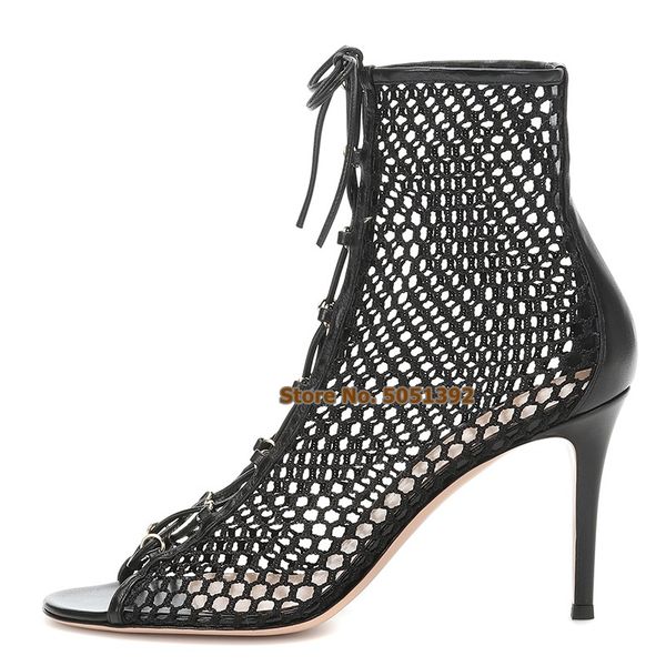 

чрезвычайно высокий тонкий каблук большой размер sexy open toe дышащий air mesh шнуровка cross ремень сандалии сапоги, Black