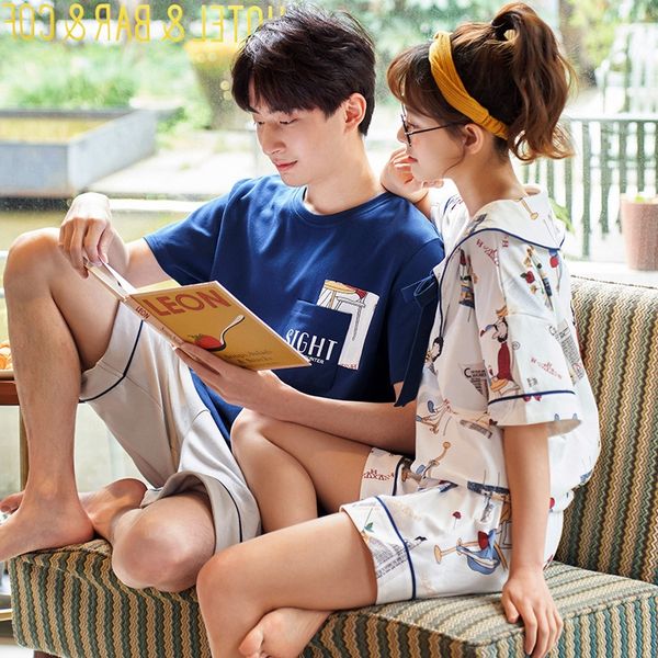 

summer couple's pajamas cotton and home shorts men's short-sleeved shorts thin cute casual home wear two-piece suit, Blue;red