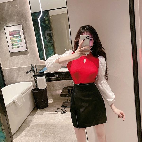 

autumn 2020 new puff sleeve hollow sweater sweater high waist zipper half-length leather skirt suit female fashion, White