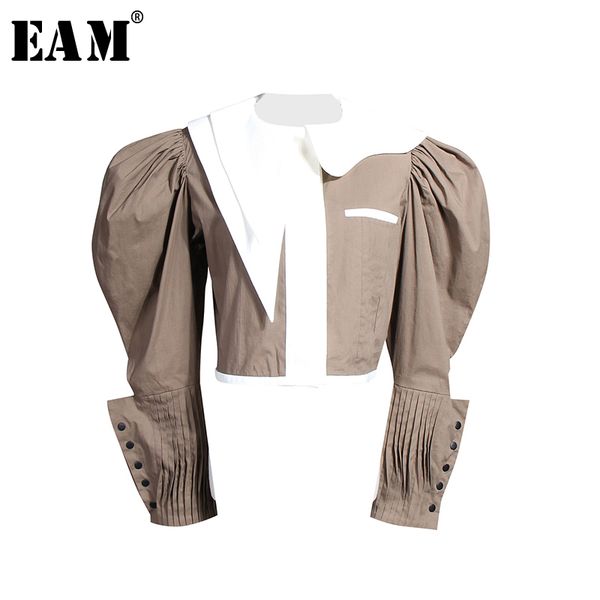 

eam] women blouse new lapel long sleeve loose fit spliced panelled button pleated shirt fashion tide spring autumn 2020 jz325, White