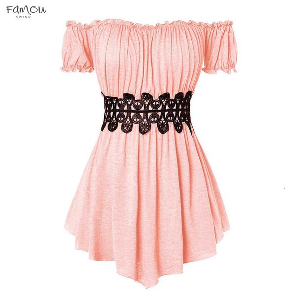 

2020 new summer women t shirt slash neck fashion short sleeve off shoulder slash neck pleated hollow slash 9040914, White