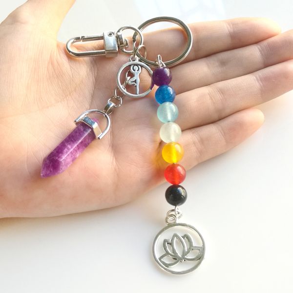 

original new 7 chakras energy yoga fitness stone beads keychain women natural hexagonal column pink stone key chain jewelry gift, Silver