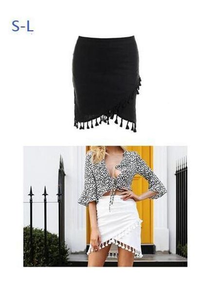 

tassel white black women skirt high waist elastic pencil black mini skirt streetwear short beach summer skirt female