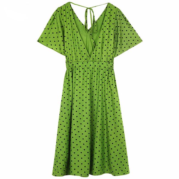 

green polka dot lace up backless elegant chiffon dress women 2020 summer vintage korean ladies party dresses, White