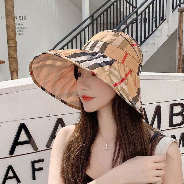 

empty fisherman sunscreen travel sunscreen foldable sun hat big brim korean plaid fisherman hat female travel cap, Blue;gray