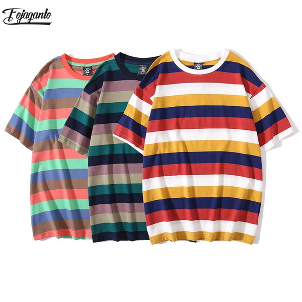

fojaganto brand men t-shirts new summer male casual short sleeve stripe t-shirt cotton original men's loose round neck tee shirt, White;black