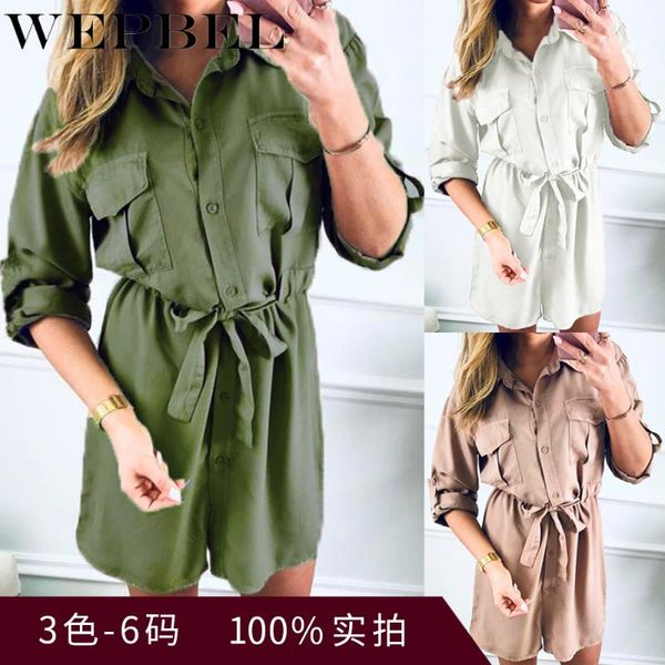 

wepbel women dress casual spring solid color 3/4 sleeve turn down collar mini dress shirt, Black;gray