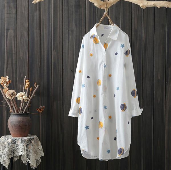 

women shirt long print 2020 spring summer loose big size long sleeve cotton embroidery cardigan women coat, White