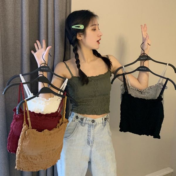 

7rmi0 2020 new korean style all-match wood ear camisole lace vest lace breast-wrapped suspender wrinkle short vest women wear outside an, Camo