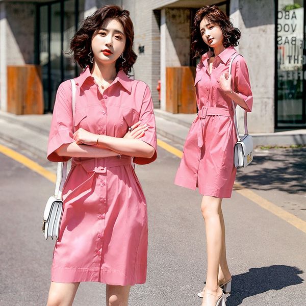 

girls in fog solid color summer 2020 new fresh and sweetstyle dressshirt dress loose slimming shirt dress, Black;gray