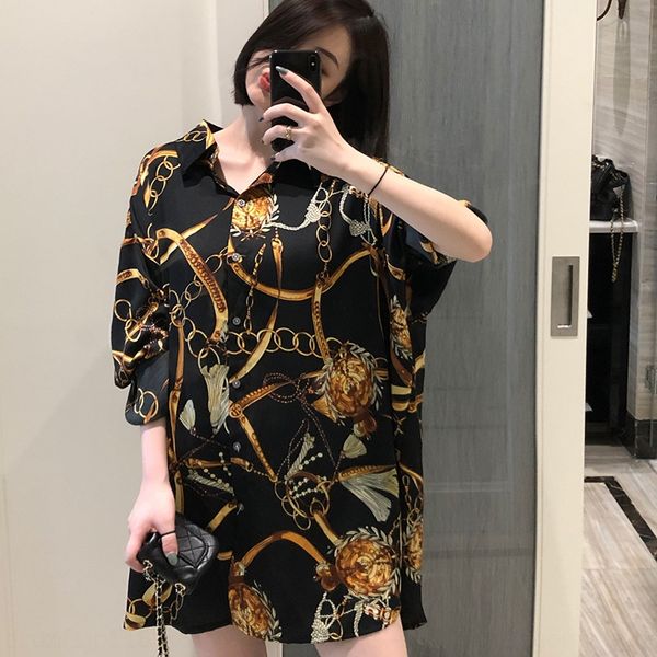 

large size chiffon chain printed sunscreen shirt 2020 spring and summer loose casual cropped sleeve long shirt for women, White