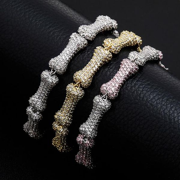 2020 Personalisierte goldplattierte 9mm Bling Kubikzirne Knochen geformtes Kettenarmband Bijoux ECED HIP HOPBAND Full Diamond für Männer Frauen