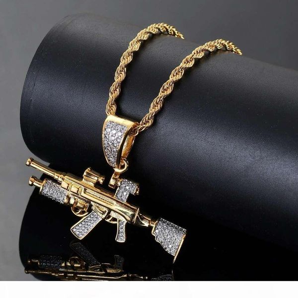 

hip hop sniper rifle diamonds pendant necklaces for men real gold plated copper zircons ak47 gun luxury necklace cuban chain jewelry, Silver