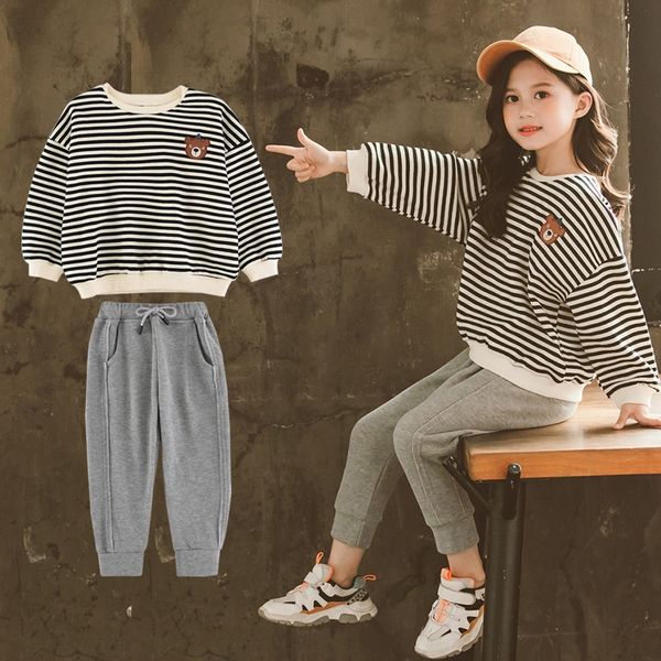 

girls sports suit 2020 new autumn striped web celebrity sweater sweater children korean fashion casual fashion two-piece suit