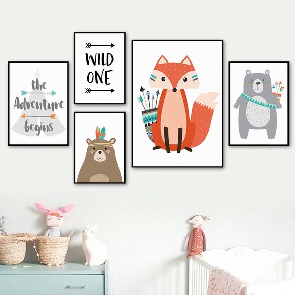 

cartoon baby animal bear canvas poster nursery wall art print painting nordic advanture quote picture children bedroom decor