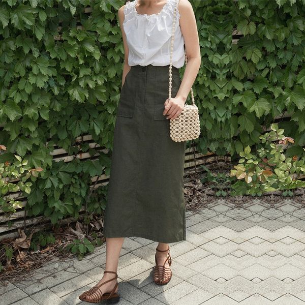 

ummfi 2020 лето нового большого кармана украшение похудения оболочка aline платье обратно раскол хлопок и мяньте ма qun мяньте мы qun aline, Black