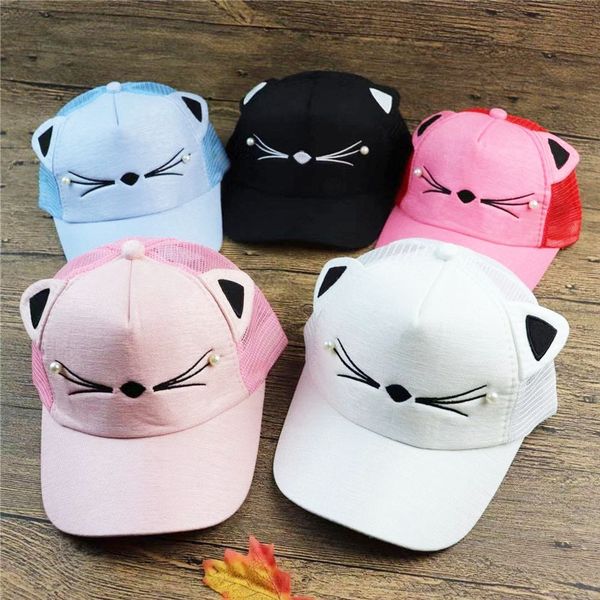 

korean new children's net cat ears pearl baby cap embroidered baby hat cap male and female children's embroidery cartoon sun hat, Blue;gray