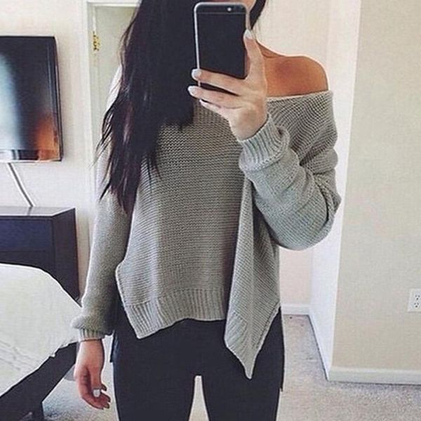 

women knitted sweater off shoulder split pullovers knitwear autumn winter v-neck sweater jumper pull femme, White;black