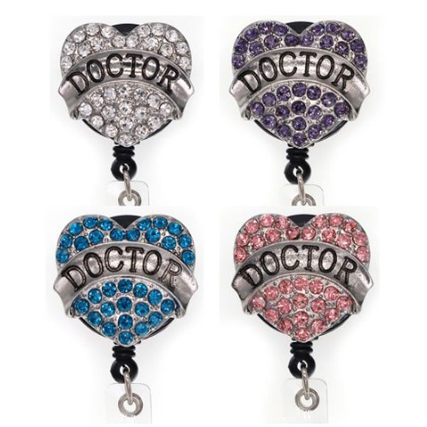 

10pcs/lot key rings rhinestone heart shape id name badge reel medical doctor symbol retractable badge holder with alligator clip, Slivery;golden
