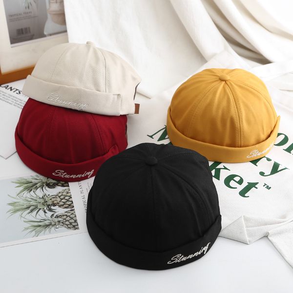 

men women skullcap sailor cap leaf rivet embroidery warm rolled cuff bucket cap solid color adjustable cotton hats brimless hat, Blue;gray