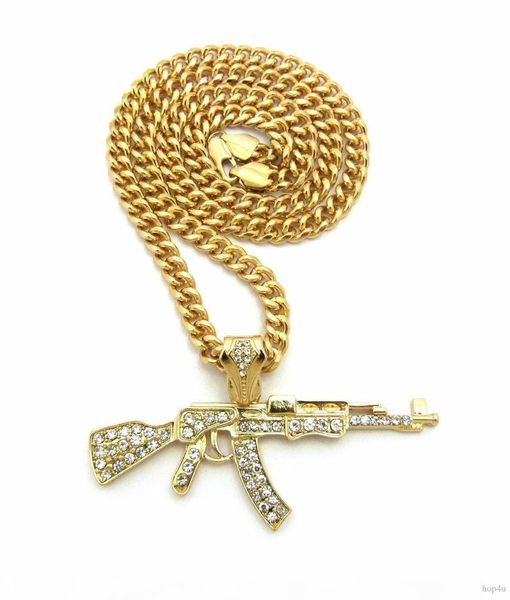 

r new iced 14k gold plated machine gun ak 47 pendant necklace w 6mm 24 &quot ;cuban chain mens hip hop jewelry, Silver