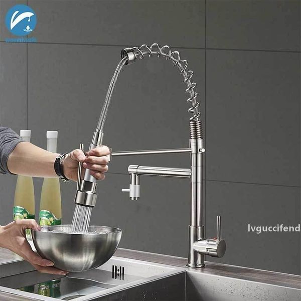 

brushed nickel kitchen faucet pull down spray dual function water flow swivel spout single handle mixer tap kitchen faucets t200424